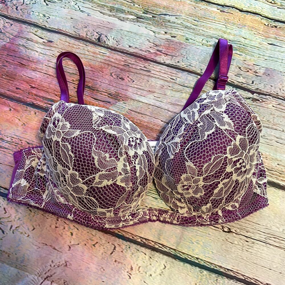 Ann Summers Bra Womens UK 34B Purple Cream Lace Super Push Up Lingerie